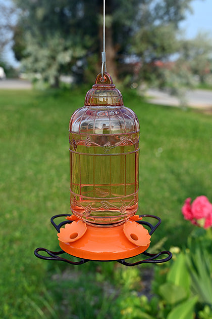 Orange glass bottle. Orange metal base. Orange flower feeding ports. Bottle is in the shape of a vintage bird cage.