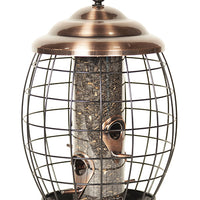 Oval shaped feeder. Copper lid and perches. Tube inside to hold the seeds. Cage surround the tube to protect from squirrels or bigger birds.
