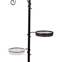 Black pole with 3 hooks to hang feeders. 1 bowl on each side to hold different types of seeds.