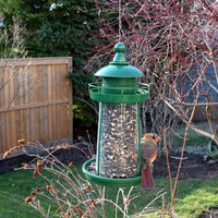 Feeder is hanging outdoors while a cardinal is sitting on the feeder.