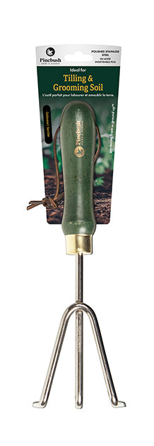 Green handle, metal cultivator. Packaging says "Ideal for Tilling and Grooming Soil".