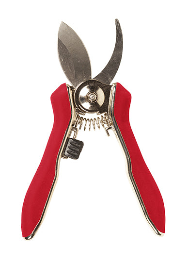 Red handles with metal pruner.