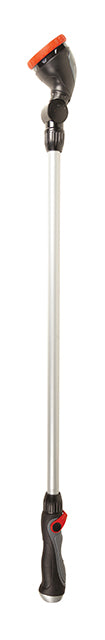 Long watering wand. Black, grey, and red details on the handle and nozzle.