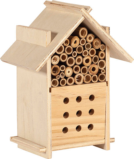 Wooden house with mini logs on the inside for insects to go into.