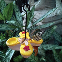 Butterfly feeder is in a garden, there are two butterflies feeding from it.