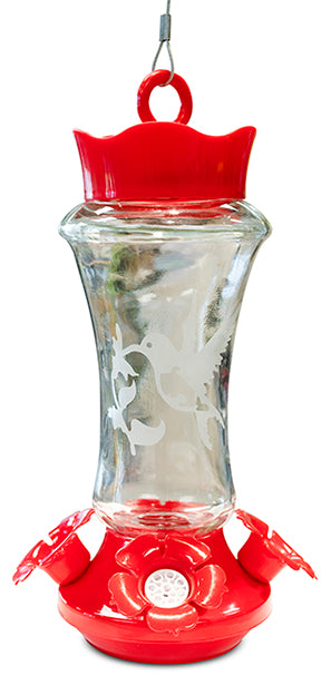 Red circular lid and base, base has red flower shaped feeding holes. Etched hummingbird on the glass.