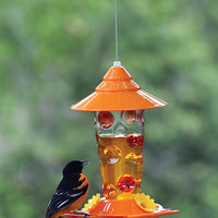 Feeder is filled with nectar, an oriole is perched on the side of it and enjoying it's nectar.