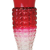 Red lid and base. Base has white flower shaped feeding holes. Glass has a bubble-like texture, the colour is ombre red to clear.