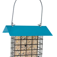 Square black cage with a suet cake inside, the roof of the feeder is blue with a handle on top.