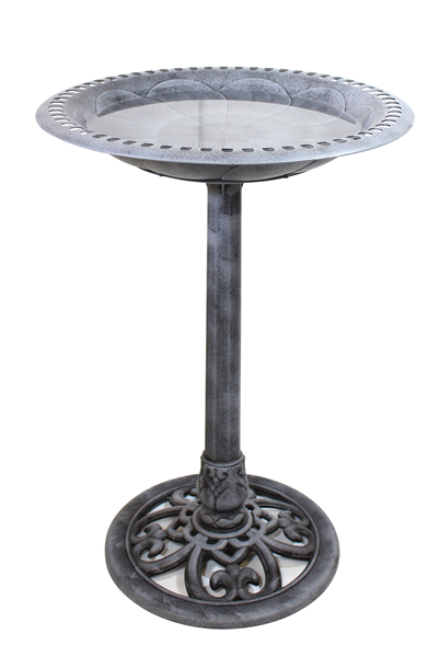A silver tall birdbath.