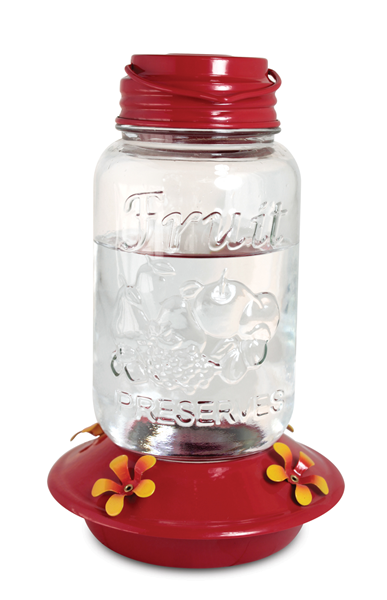 Shaped like a mason jar. Red lid and base with yellow flower shaped feeding holes.