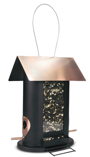 Copper coloured roof and perches. Black body of the feeder with a clear window to see the seeds.