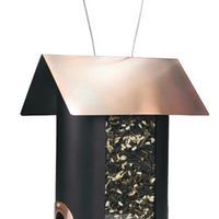 Copper coloured roof and perches. Black body of the feeder with a clear window to see the seeds.
