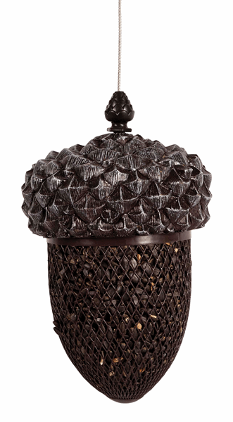 Brown in colour, full shape of an acorn, mesh lower half of acorn filled with seed.