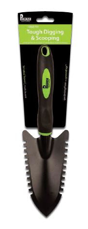 Black and green handle, black serrated trowel.