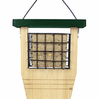 Green lid, black cage underneath surrounded by a wooden structure.