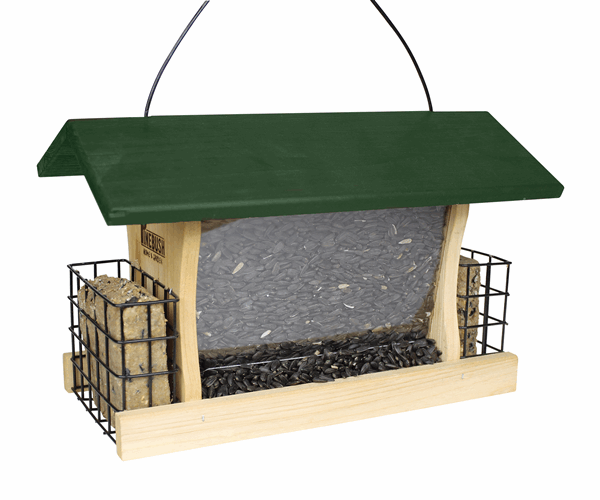 Wooden feeder with a green roof. The middle is filled with seeds while to two ends have suet cages with 2 suet cakes inside of them.