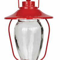 Lantern style feeder. Red accents with the clear glass for the nectar. Red base with white flower shaped feeding holes.