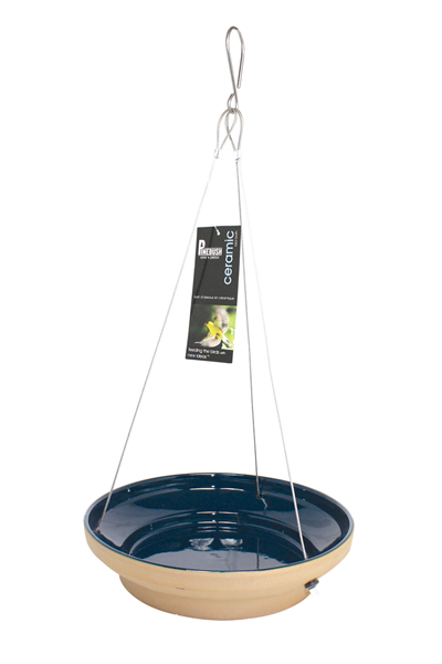 Bowl that is blue on the inside and beige on the outside. Three cable hangers to hold the bird bath up.