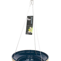 Bowl that is blue on the inside and beige on the outside. Three cable hangers to hold the bird bath up.