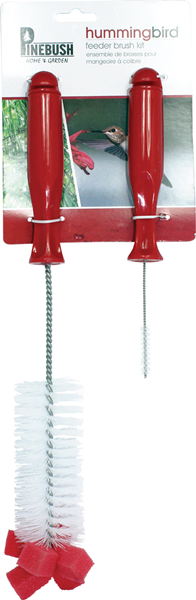 2 hummingbird feeder cleaning brushes. On the left this brush has a red handle with a long brush and sponge on the end. On the right is a cleaning brush with red handle and very slim shorter brush.