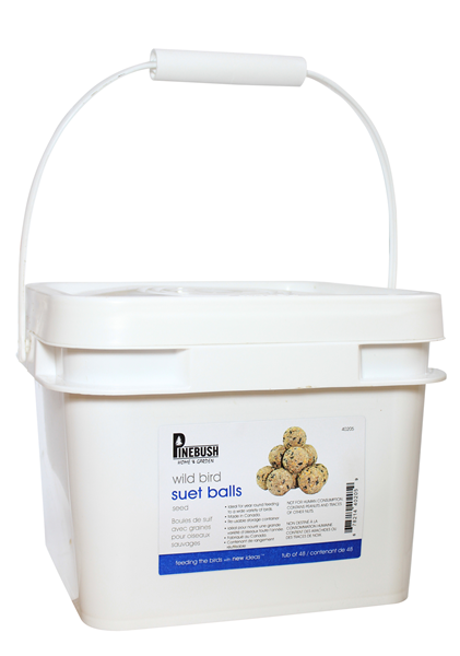 White tub with handle, shows a photo of suet balls on the front.