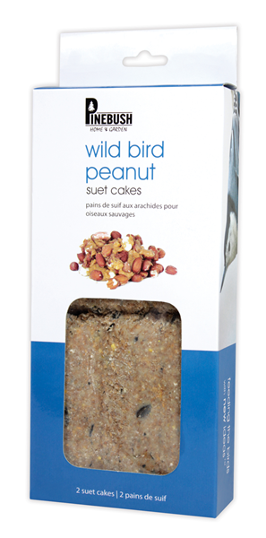 Suet cakes inside of white and blue Pinebush packaging.