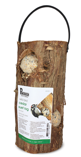 A log with holes along the side for suet balls to fit into, a hanger at the top to easily hang.