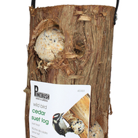 A log with holes along the side for suet balls to fit into, a hanger at the top to easily hang.