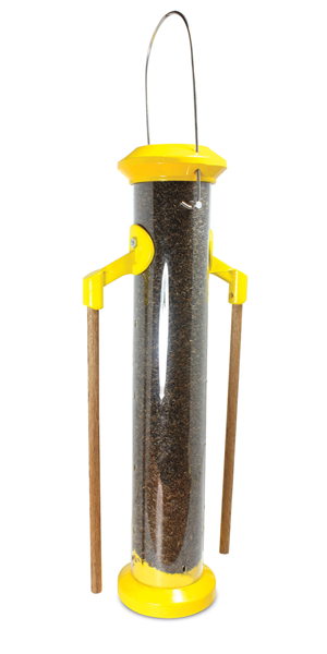 Cylinder tube shape, metal hanger, bright yellow top and base, clear tube to see feed inside, two wooden dowel perches that are parallel to the tube.