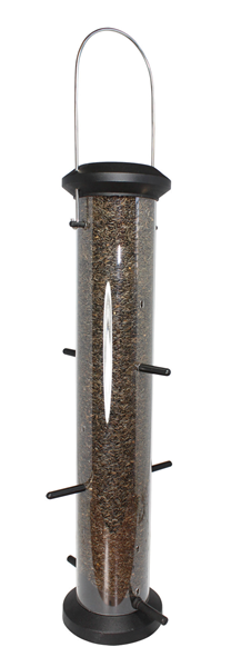 Cylinder poly tube feeder, metal hanger, black top and base, clear poly centre to see the seed inside, 6 black perches through the center for birds to sit on while feeding.