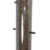 Cylinder poly tube feeder, metal hanger, black top and base, clear poly centre to see the seed inside, 6 black perches through the center for birds to sit on while feeding.