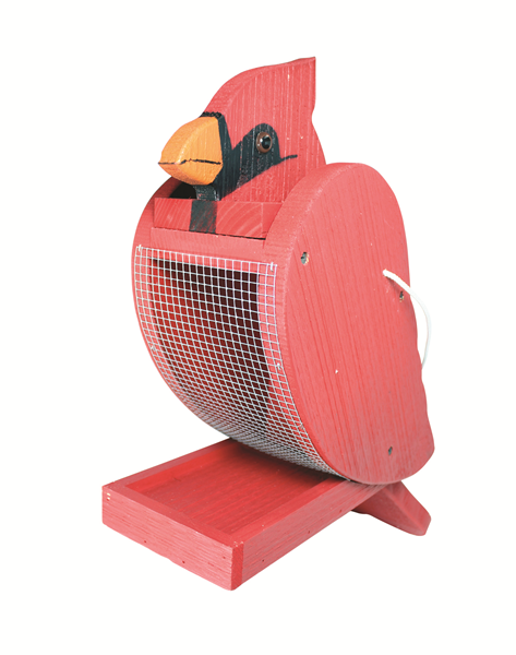 Shaped as a red cardinal feeder, stomach area is mesh for seed placement.