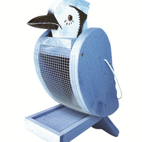 Wooden blue jay shaped feeder, stomach area is mesh for the seed to be filled with.