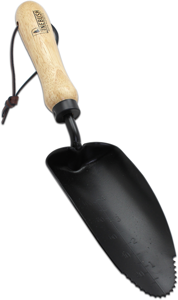 Wooden beige handle, strap around the handle, black trowel.