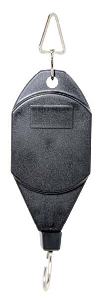 Triangular shaped metal attached to a ring on the hanging device, hanging device is black oval shape, metal ring attached at the bottom.
