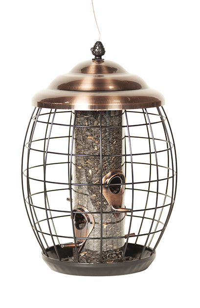 Oval shaped feeder. Copper lid and perches. Tube inside to hold the seeds. Cage surround the tube to protect from squirrels or bigger birds.