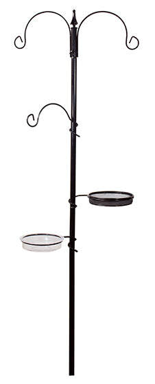 Black pole with 3 hooks to hang feeders. 1 bowl on each side to hold different types of seeds.