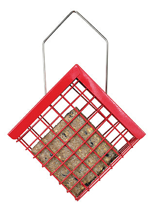Red square suet cage with a suet cake inside of it.