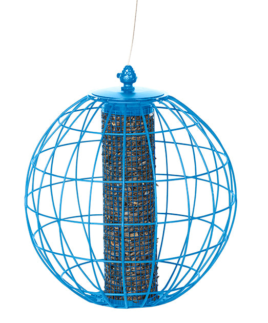 Blue circle cage. Blue mesh tube inside filled with seeds.