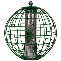 Green circle shaped cage. Clear tube with green perches in the center. Tube is filled with seeds.