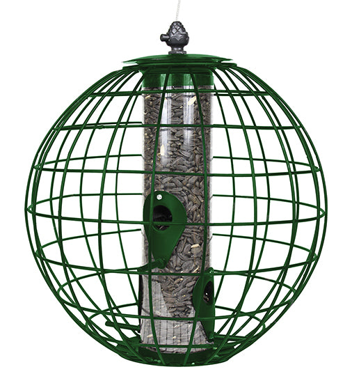 Green circle shaped cage. Clear tube with green perches in the center. Tube is filled with seeds.