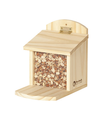 Wooden box shaped feeder. Lid at the top, a window on the side to see the feed inside, and a ledge for the squirrels to stand on.