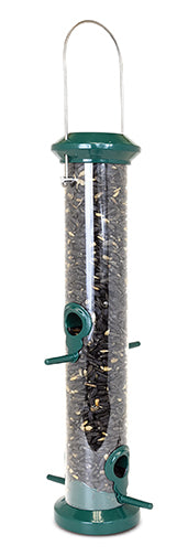 Clear tube with dark green lid, base, and perches.