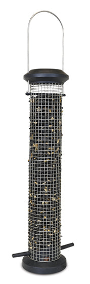 Mesh tube, black lid, base and perch. Filled with seeds.