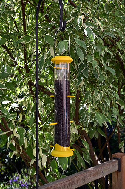 Clear tube with yellow lid, perches, and base. Hanging outdoors on a pole system.
