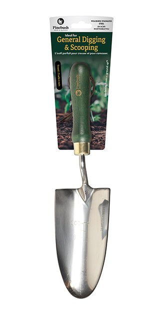 Stainless trowel with green handle. Packaging says: "Ideal for General Digging and Scooping".