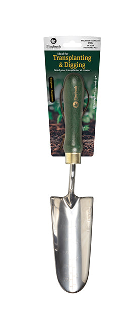 Stainless transplanter with green handle. Packaging says: "Ideal for Transplanting and Digging".