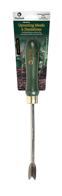 Green handle, metal dandelion weeder. Packaging says "Ideal for Uprooting Weeds and Dandelions".