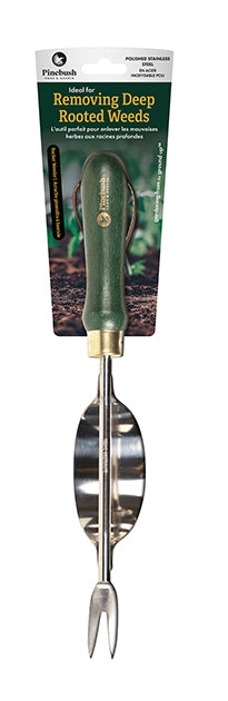 Stainless rocker weeder with green handle. Packaging says: "Ideal for Removing Deep Rooted Weeds".